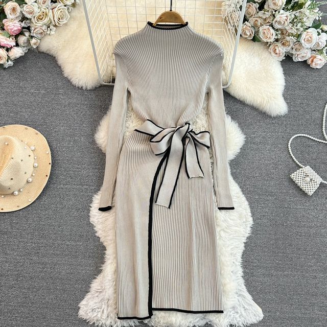 fitted lace wedding dress Chic Ribbed Knit Tie-Waist Maxi Sweater Dress || Westery Fashion House main image 1