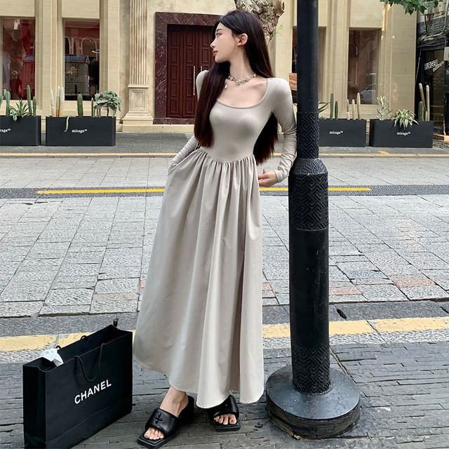 Juuri - Long-Sleeve Scoop Neck Plain Maxi A-Line Dress | YesStyle
