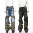 FAERIS - Mid Rise Camo Print Panel Washed Wide Leg Jeans | YesStyle