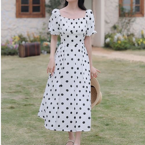 ALLYN - Puff-Sleeve Dotted Midi A-Line Dress | YesStyle