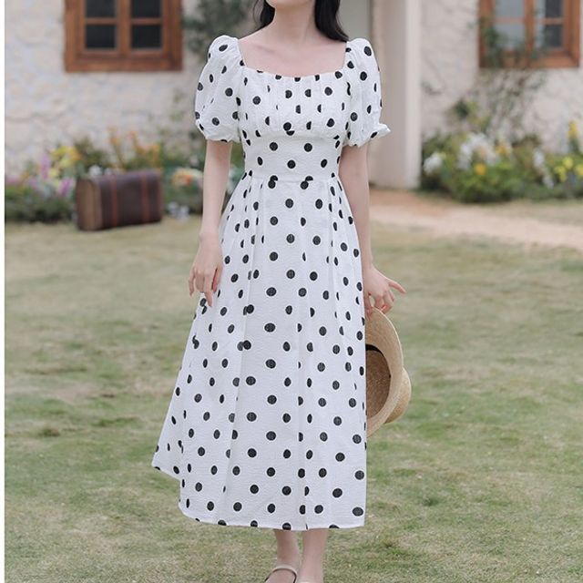 ALLYN - Puff-Sleeve Dotted Midi A-Line Dress | YesStyle