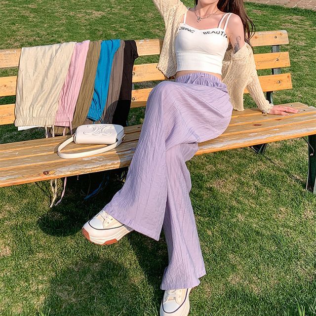 Everose-Drawstring Waist Plain Wide Leg Pants