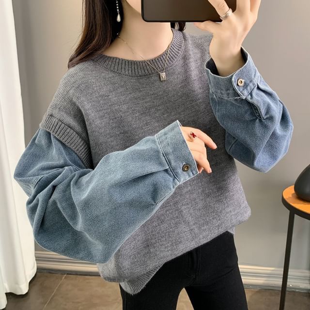 FR-Crew Neck Two Tone Denim Panel Mock Two-Piece Sweater