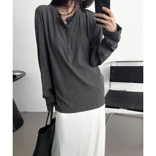Alfie-Long-Sleeve Round Neck Plain Half-Buttoned T-Shirt