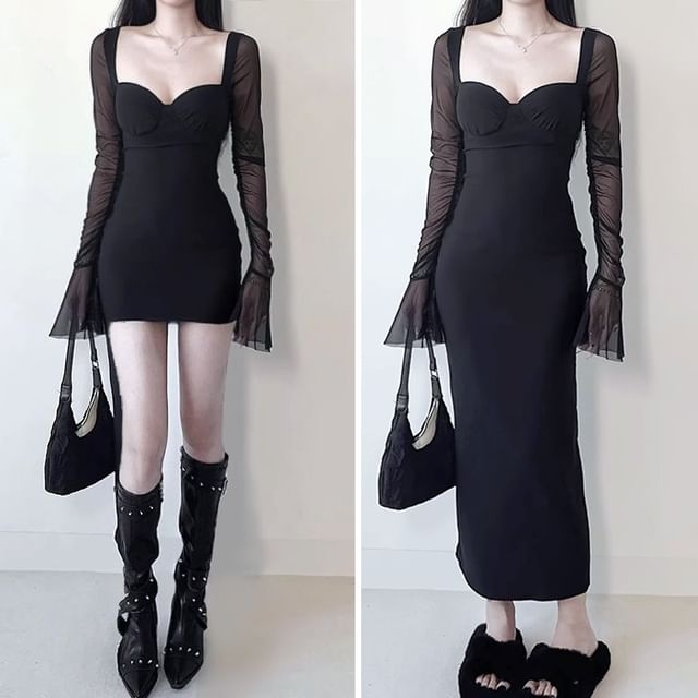 STARK - Flared-Sleeve Sweetheart Neckline Plain Mesh Panel Mini Bodycon  Dress / Maxi Dress | YesStyle