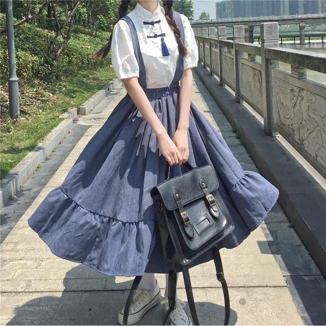 Sisyphi-Elbow-Sleeve Stand Collar Ruffle Trim Tassel Frog Buttoned Blouse Plain Midi A-Line Jumper Skirt