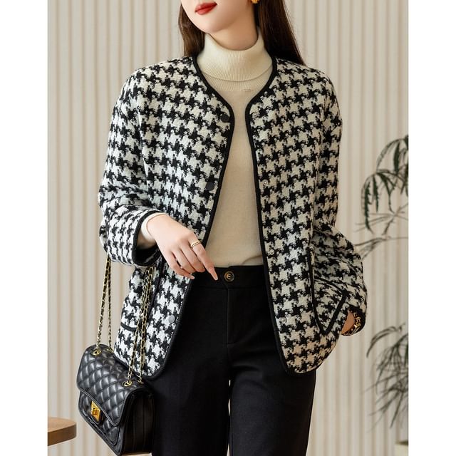 Jeonseon-V-Neck Houndstooth Tweed Button Jacket