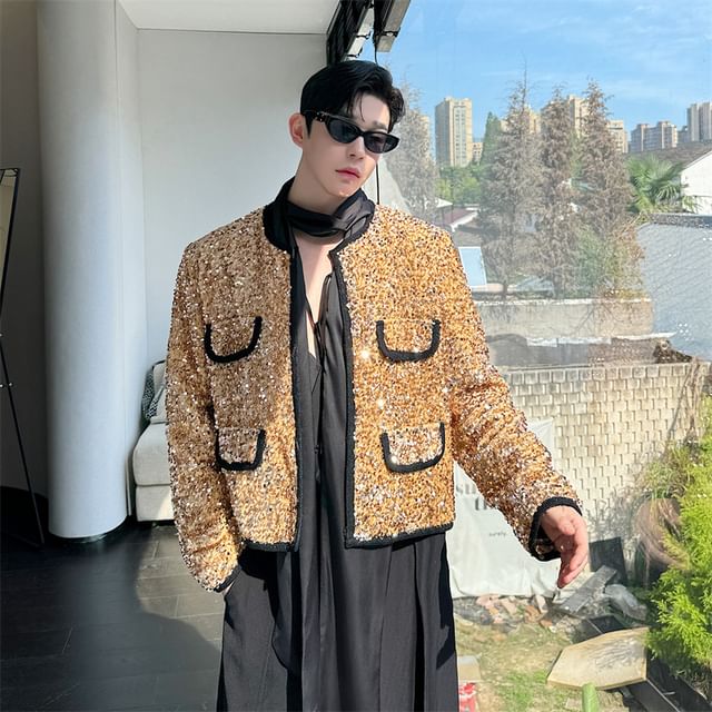 Orungeetun-Round Neck Contrast Trim Sequin Jacket