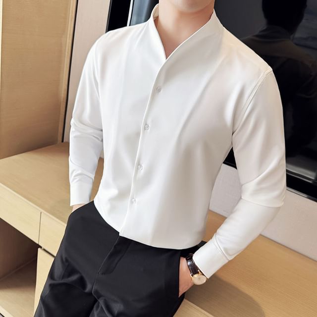 Deepwood-Long-Sleeve Stand Collar Plain Shirt