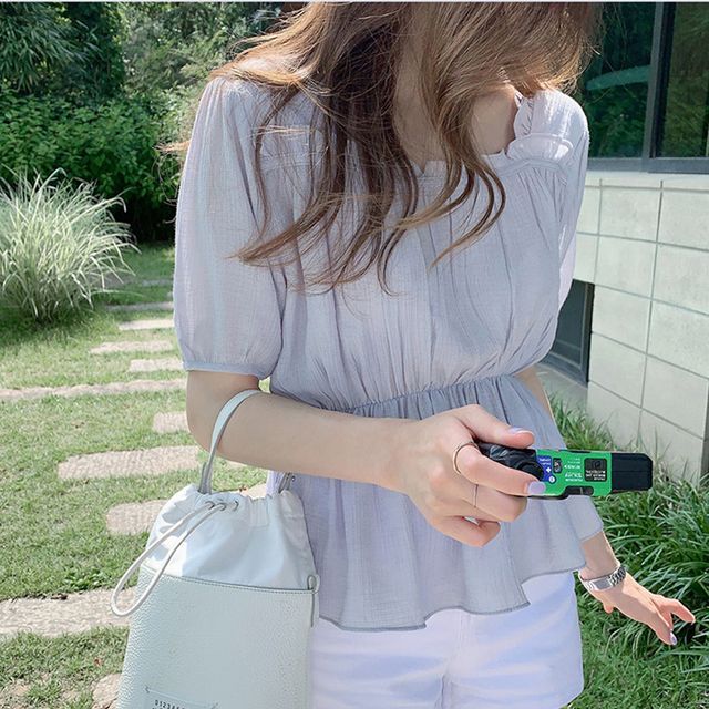 Everose-Puff-Sleeve Shirred Blouse