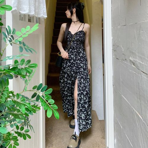 Ashlee - Spaghetti Strap Floral Side-Slit Midi A-Line Dress