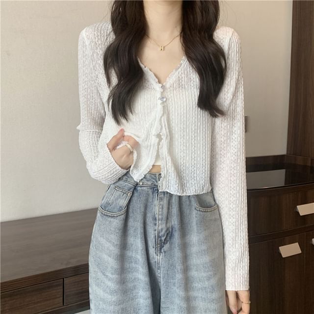 Essere-Plain Ribbed Lettuce Edge Button-Up Cardigan