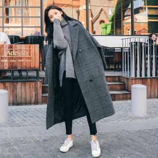 Kwuartz Lapel Collar Plaid Double-Breasted Long Coat Sale