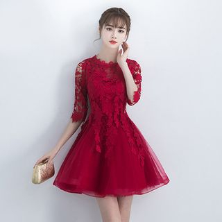 Destine - Lace Elbow-Sleeve A-Line Cocktail Dress | YesStyle