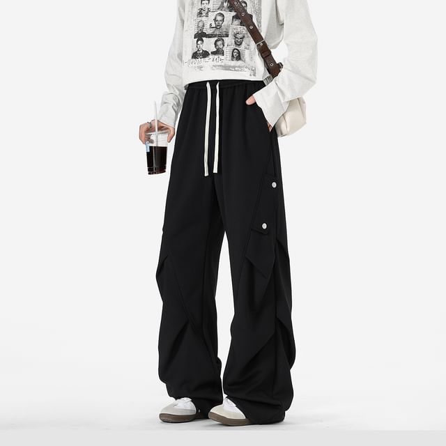 Koiyua-Drawstring Waist Plain Ruched Wide Leg Pants