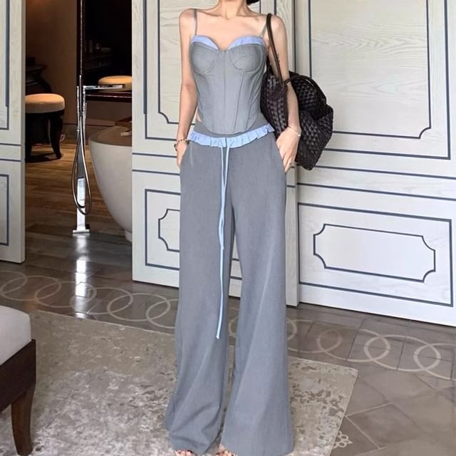 Joyciful-Mock Two Piece Bustier Top Drawstring Waist Panel Wide Leg Pants