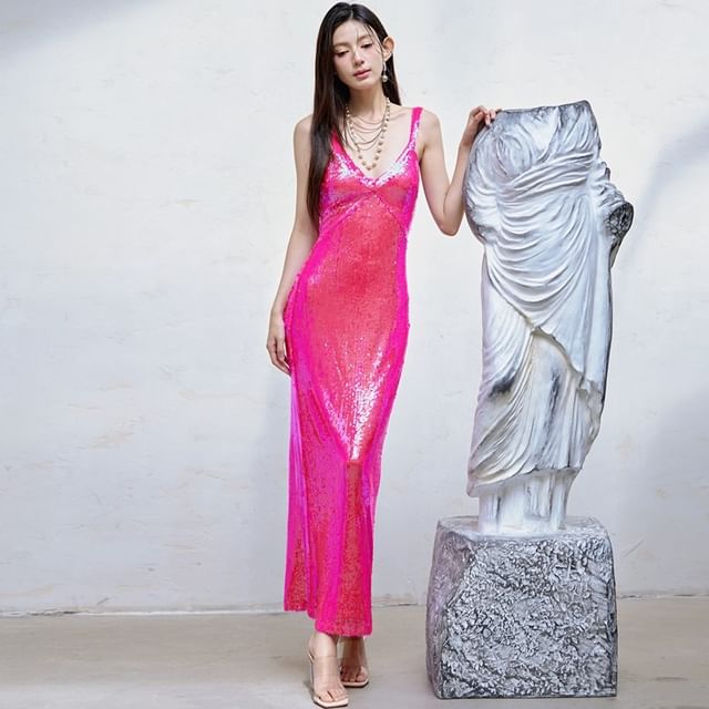 JVL-Sleeveless Sequin Maxi Sheath Dress