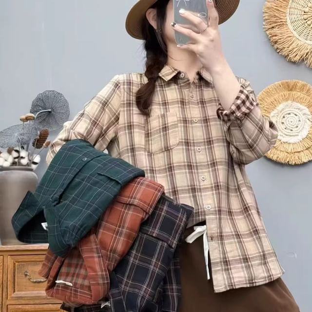 PANDAGO-Long Sleeve Collared Plaid Shirt