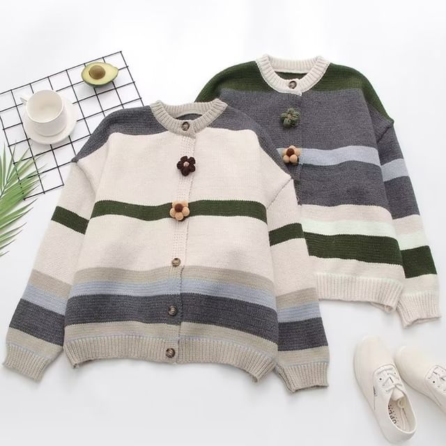 Mori Girls Crew Neck Striped ButtonUp Cardigan YesStyle