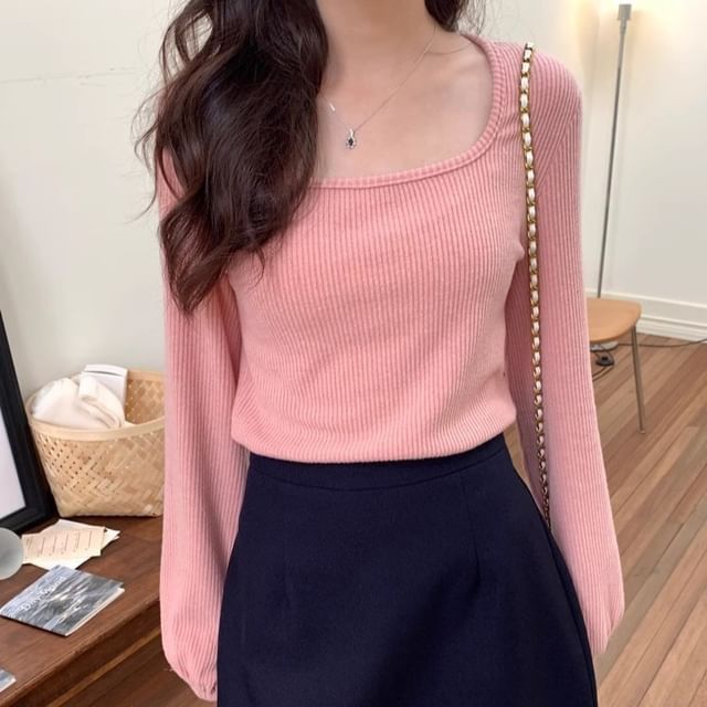 Sisyphi-Long-Sleeve Scoop Neck Plain Ribbed Tee