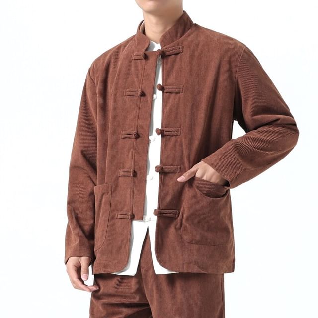 Blueforce-Mandarin Collar Plain Corduroy Frog Button Up Shirt Jacket