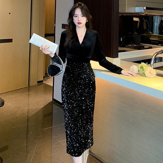 glitter midi dress with sleeves Adeline Black Sequin Crew-Neck Midi Dress With Cape Sleeves – Club L London main image 1