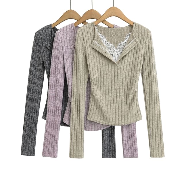 Asiris-Long-Sleeve Split Neck Mock Two-Piece Lace Panel Ruched Slim Fit Crop T-Shirt