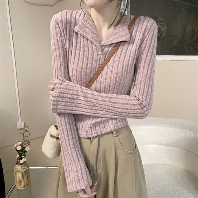 Sisyphi-Long-Sleeve Collar Plain Ribbed Knit Top