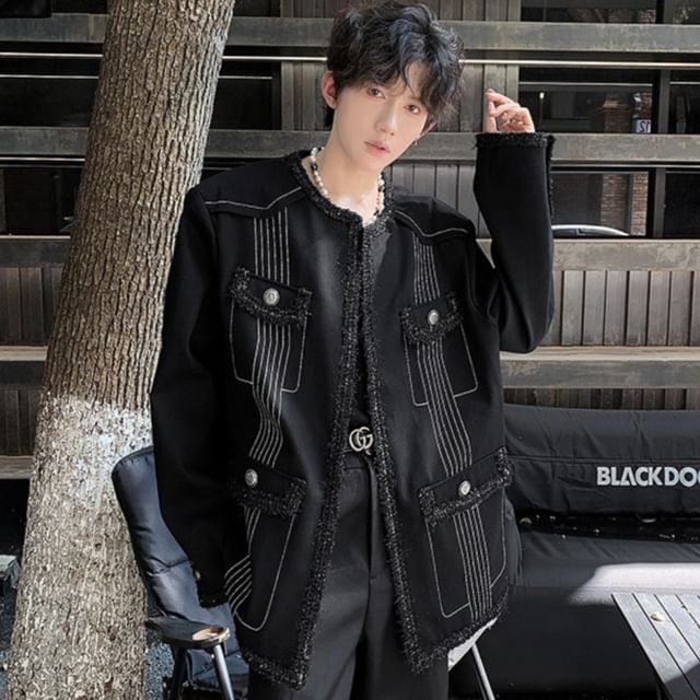 Freehop-Collar Contrast Stitching Open Front Cargo Jacket