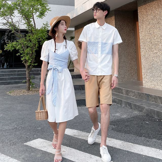 Azure Couple Matching Gingham Panel Short-Sleeve Shirt Mock
