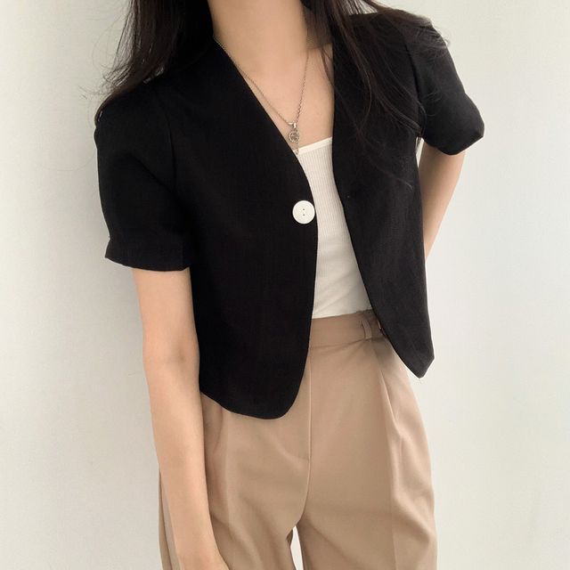 Everose-Short-Sleeve V-Neck Plain Crop Single-Button Jacket