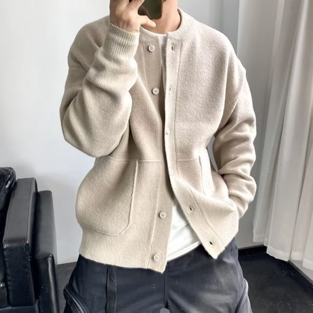 Double White-Crew Neck Button-Up Plain Cardigan