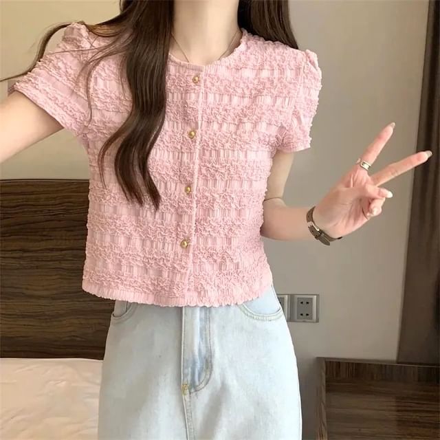 Hevnir-Short-Sleeve Round Neck Plain Frill Button Top