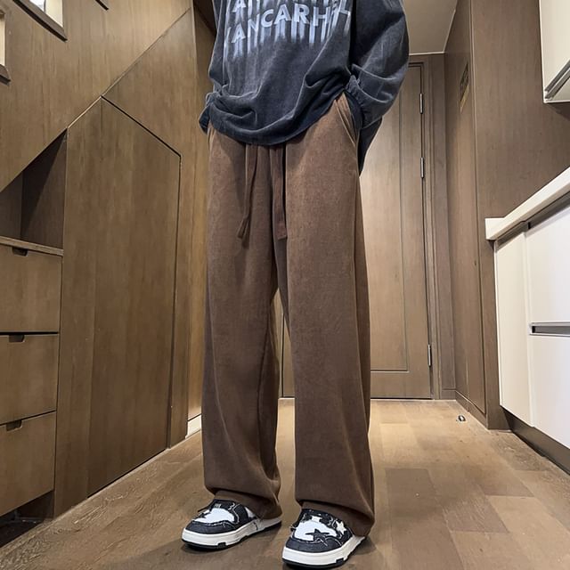 Priam-Drawstring Waist Plain Corduroy Straight Leg Pants