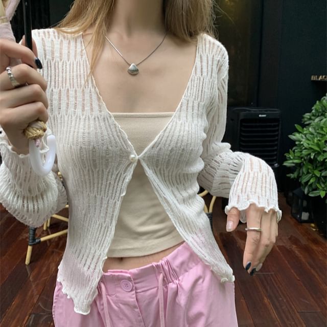 Beem - V-Neck Plain Faux Pearl Button Cardigan | YesStyle