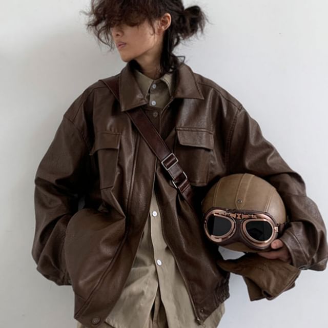 GRAYCIOUS-Collar Plain Faux Leather Button Jacket