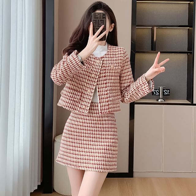 Houndstooth Checkered Skirt And Jacket Set Ram Empire Girls