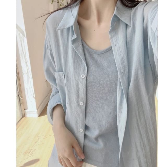 Bigfol-Plain Button-Up Shirt