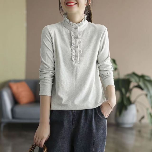Everose-Long-Sleeve Mock Neck Plain Frill Trim Tee