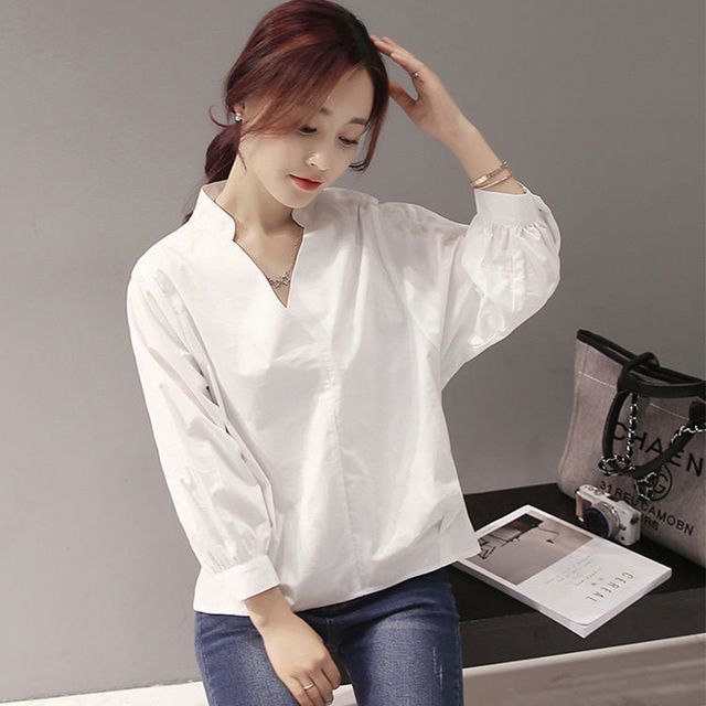 Everose-Long-Sleeve V-Neck Stand Collar Plain Blouse