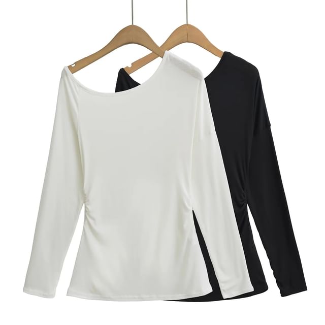 Asiris-Long-Sleeve Asymmetrical Neck Plain T-Shirt