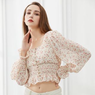 Pandaramma Puff-Sleeve Sqaure Neck Floral Print Ruffled Cropped Top Sale