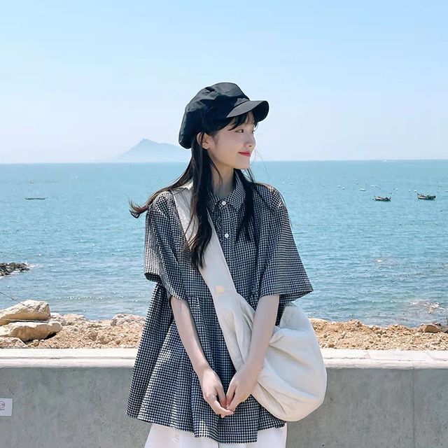 Everose-Elbow-Sleeve Plaid Flowy Blouse