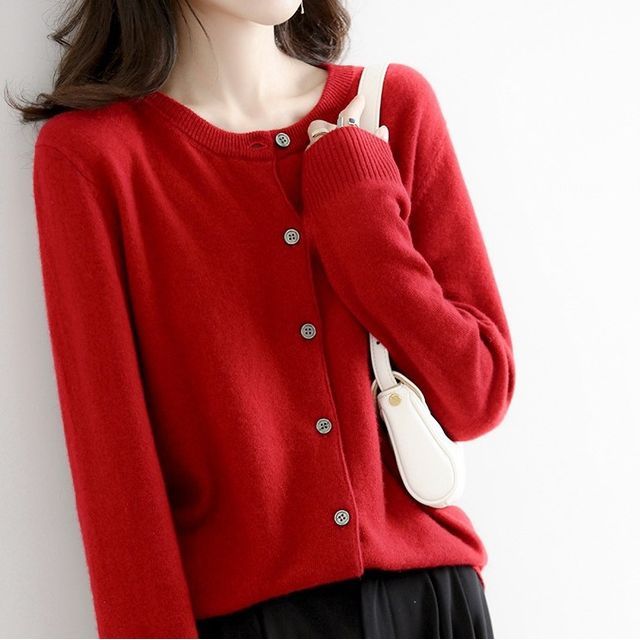 Jeonseon-Round Neck Plain Button Cardigan