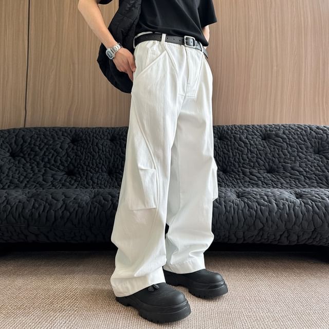 ROOSE-Mid Rise Plain Ruched Panel Straight Leg Pants