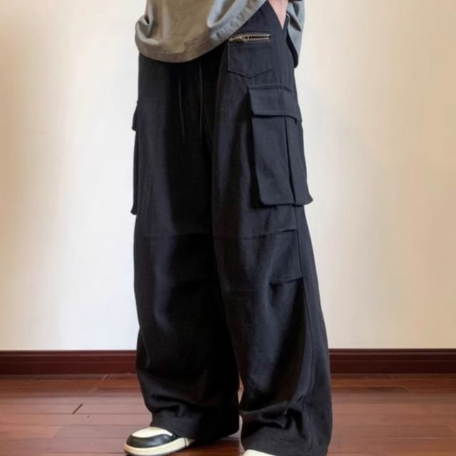 emeisa-Drawstring Waist Plain Wide Leg Cargo Pants