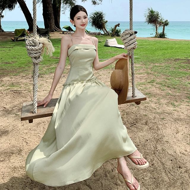Moanum-Spaghetti Strap Plain Maxi A-Line Dress