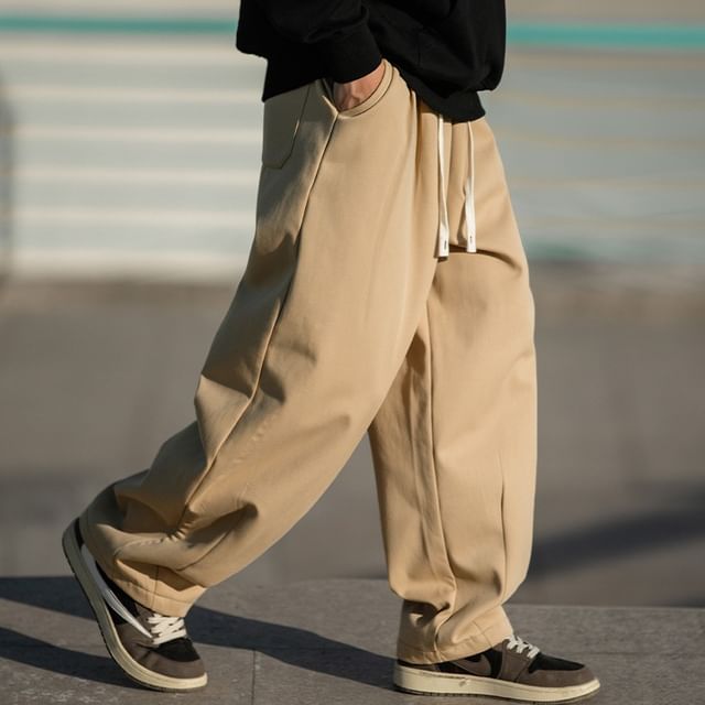 Really Point-Drawstring Waist Plain Fleece-Lined Straight Leg Pants