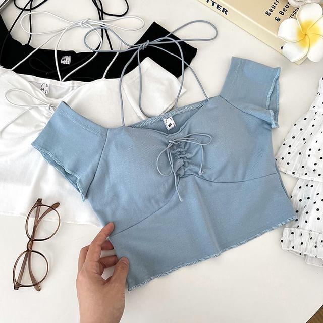 DIYI-Short-Sleeve Halter Neck Plain Drawstring Ruched Padded Crop Top