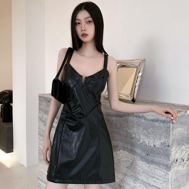 haruokiea - Spaghetti Strap V-Neck Plain Faux Leather Mini A-Line Dress |  YesStyle